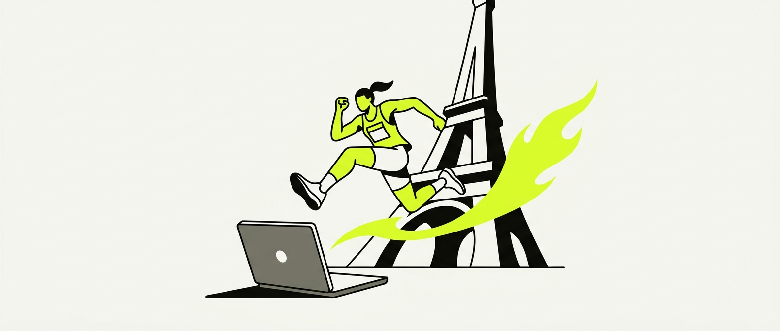 Illustration : une coureuse avec un dossard s'élance depuis un ordinateur portable, flamme électrique volt à la main, devant la tour Eiffel